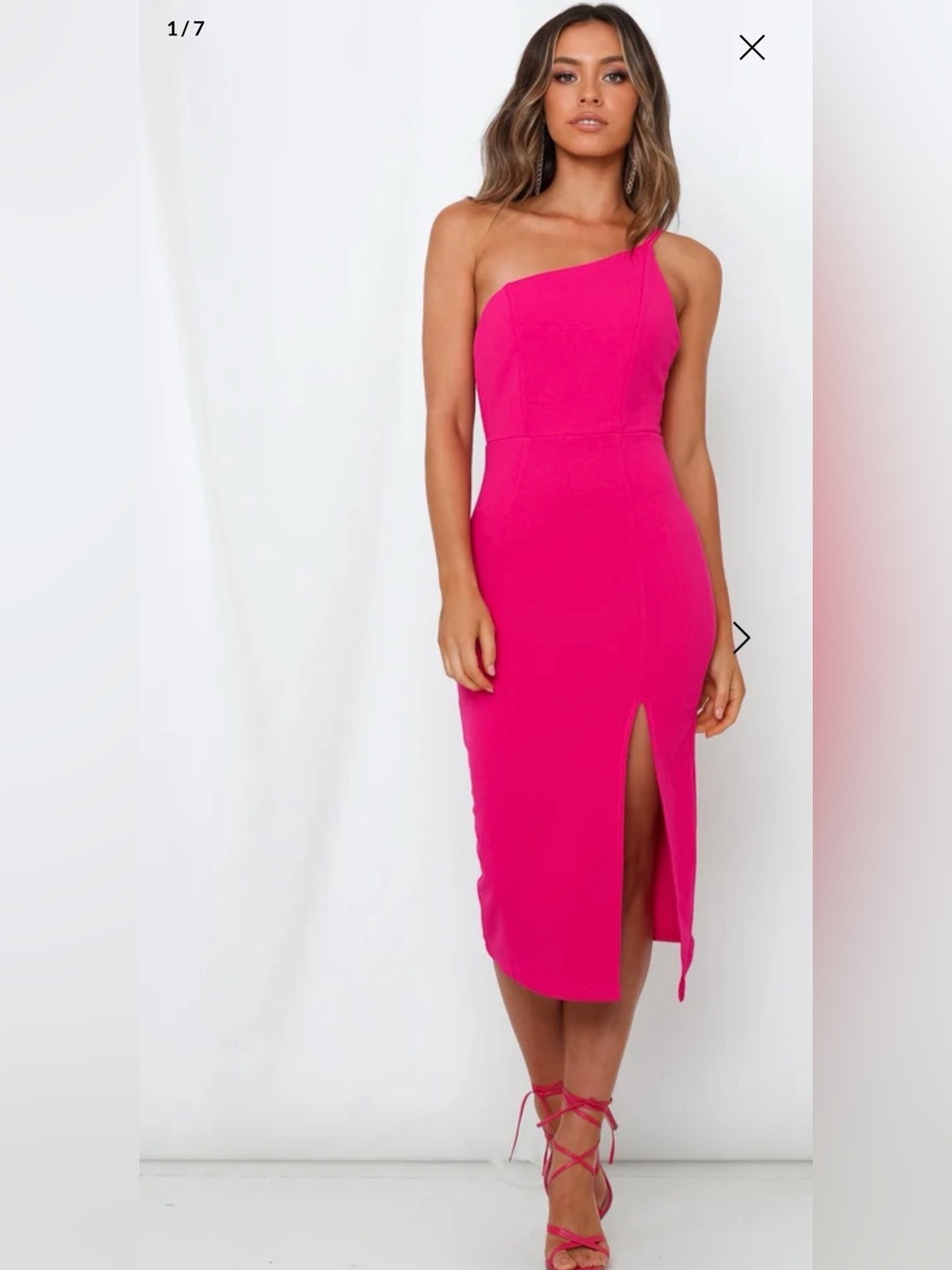 Hello Molly One-Shoulder Hot Pink Midi Dress with Front Slit